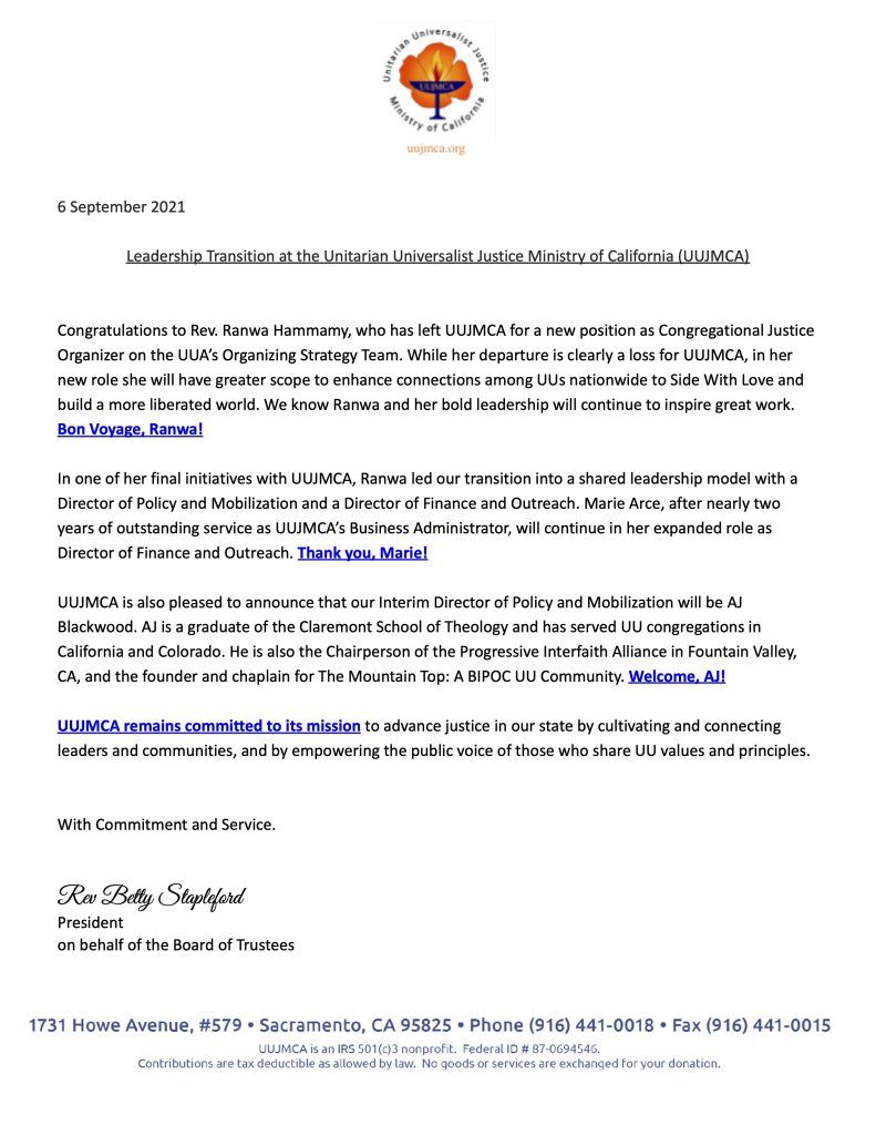 Leadership Transition at UUJMCA Leadership Transition at UUJMCA