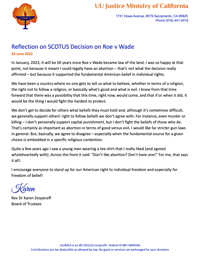 A Reflection on SCOTUS Decision Roe v Wade – by Karen Stoyanoff